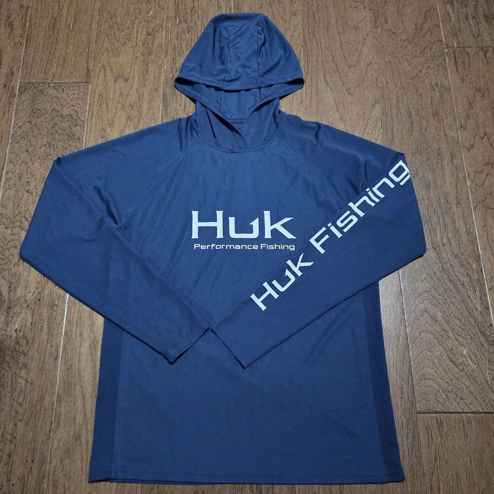 Huk Performance Fishing Long Sleeve Hoodie Mens S Blue White Logo